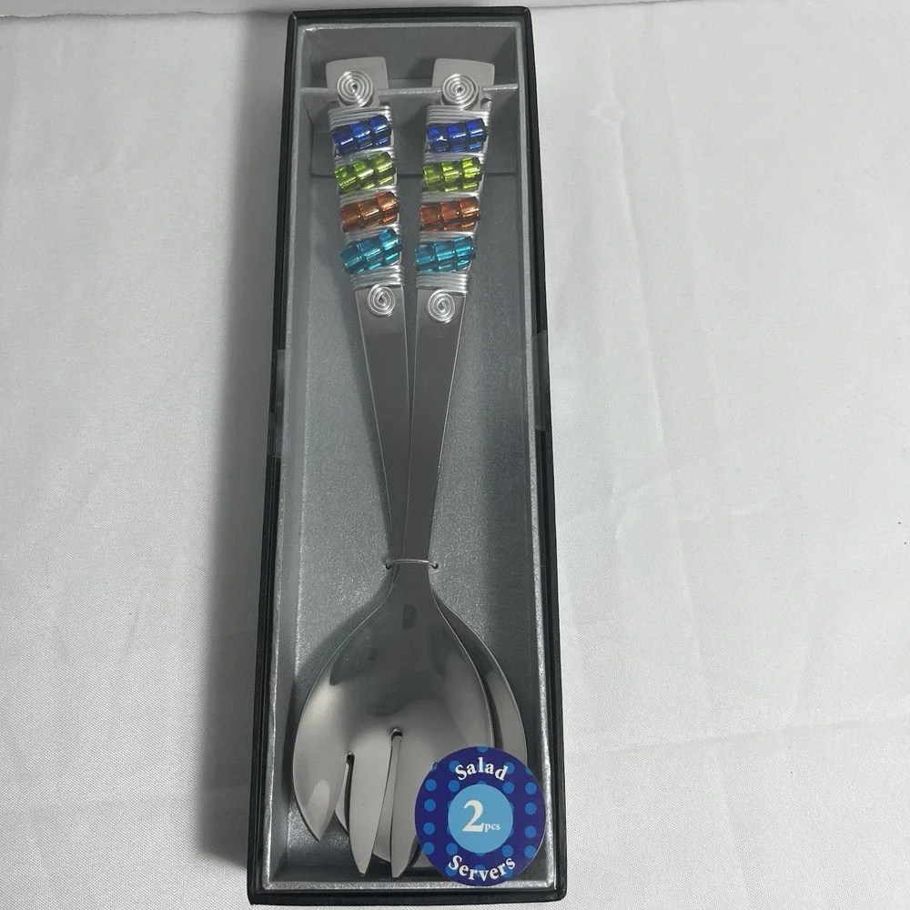 Wild Eye Designs 2 Piece Salad Server Set Colorful Wire Spiral Glass Beads NIB